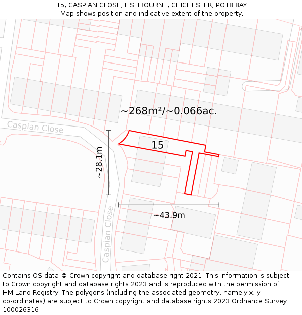 15, CASPIAN CLOSE, FISHBOURNE, CHICHESTER, PO18 8AY: Plot and title map