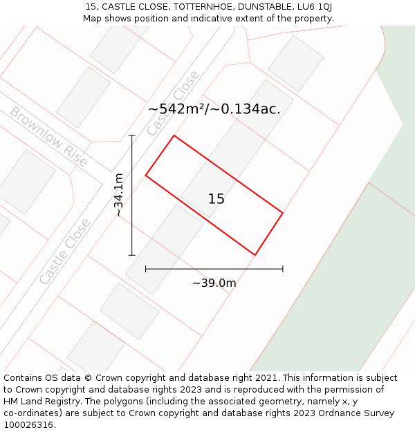 15, CASTLE CLOSE, TOTTERNHOE, DUNSTABLE, LU6 1QJ: Plot and title map