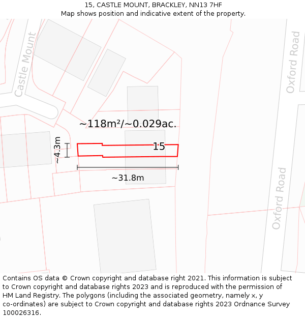 15, CASTLE MOUNT, BRACKLEY, NN13 7HF: Plot and title map