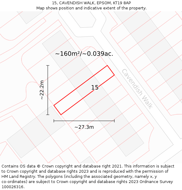 15, CAVENDISH WALK, EPSOM, KT19 8AP: Plot and title map