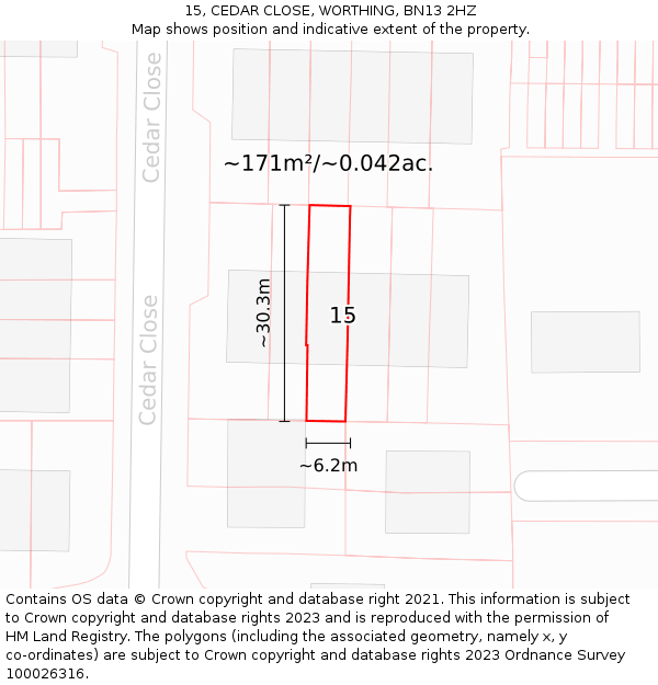 15, CEDAR CLOSE, WORTHING, BN13 2HZ: Plot and title map