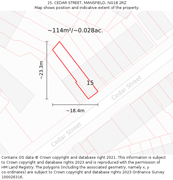 15, CEDAR STREET, MANSFIELD, NG18 2RZ: Plot and title map