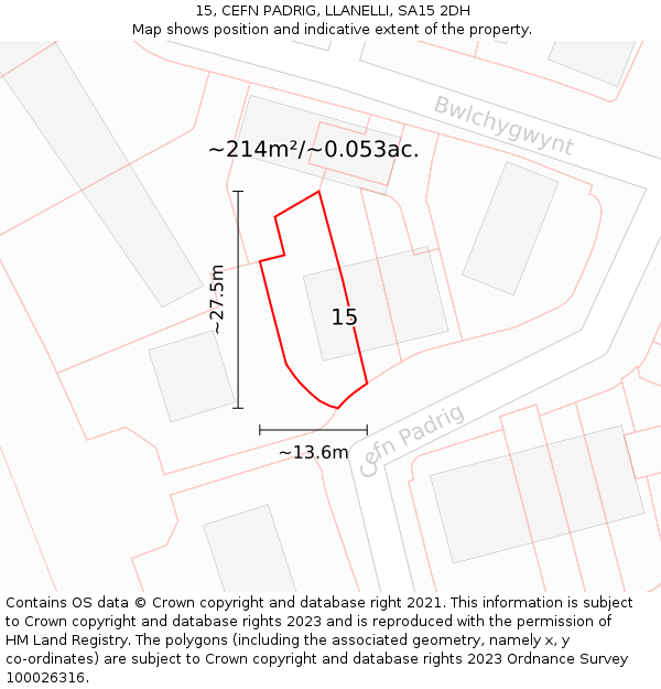 15, CEFN PADRIG, LLANELLI, SA15 2DH: Plot and title map