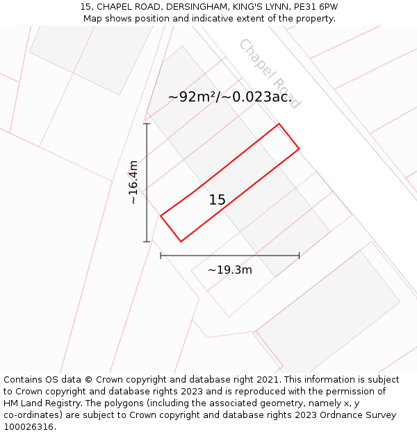 15, CHAPEL ROAD, DERSINGHAM, KING'S LYNN, PE31 6PW: Plot and title map