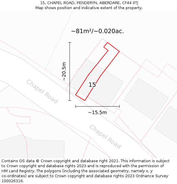 15, CHAPEL ROAD, PENDERYN, ABERDARE, CF44 0TJ: Plot and title map