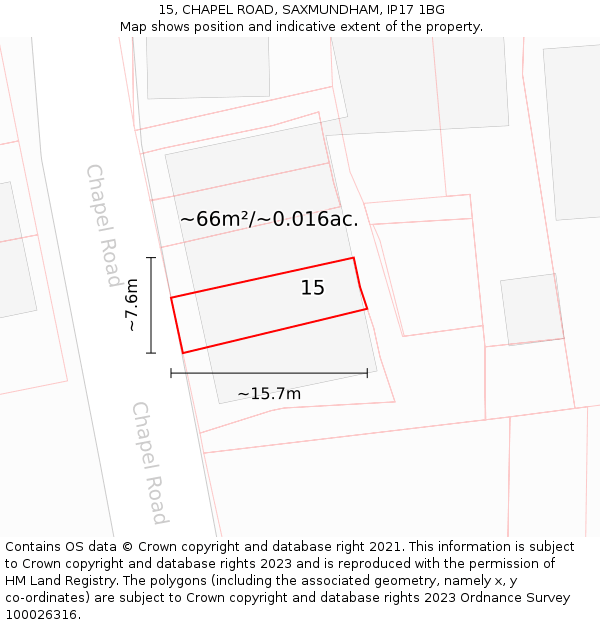 15, CHAPEL ROAD, SAXMUNDHAM, IP17 1BG: Plot and title map