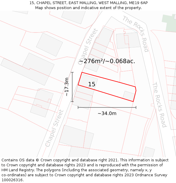 15, CHAPEL STREET, EAST MALLING, WEST MALLING, ME19 6AP: Plot and title map
