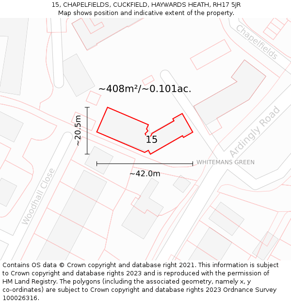 15, CHAPELFIELDS, CUCKFIELD, HAYWARDS HEATH, RH17 5JR: Plot and title map