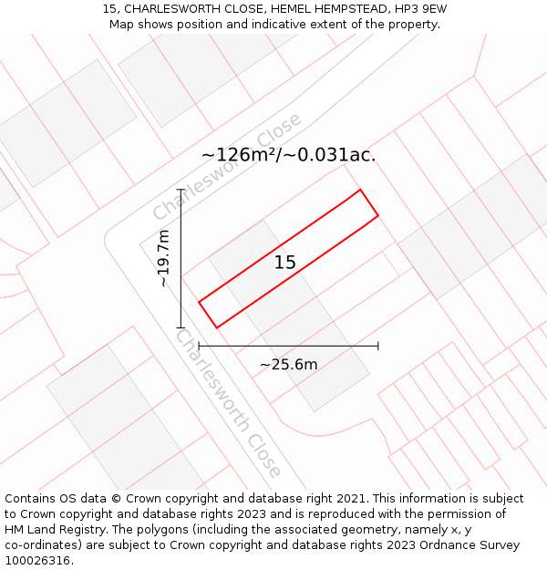 15, CHARLESWORTH CLOSE, HEMEL HEMPSTEAD, HP3 9EW: Plot and title map