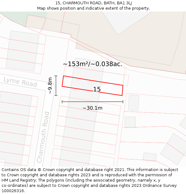 15, CHARMOUTH ROAD, BATH, BA1 3LJ: Plot and title map