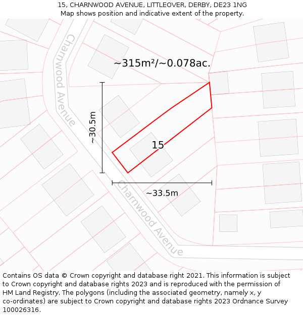 15, CHARNWOOD AVENUE, LITTLEOVER, DERBY, DE23 1NG: Plot and title map