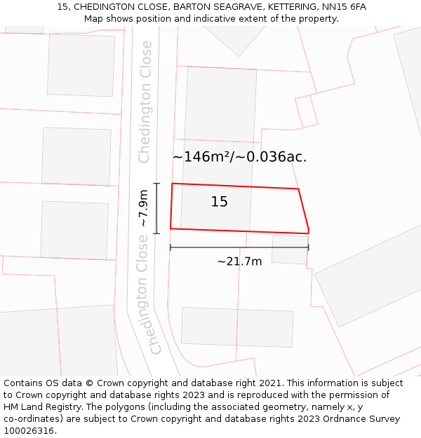 15, CHEDINGTON CLOSE, BARTON SEAGRAVE, KETTERING, NN15 6FA: Plot and title map