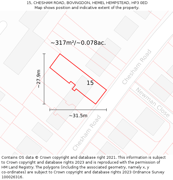 15, CHESHAM ROAD, BOVINGDON, HEMEL HEMPSTEAD, HP3 0ED: Plot and title map