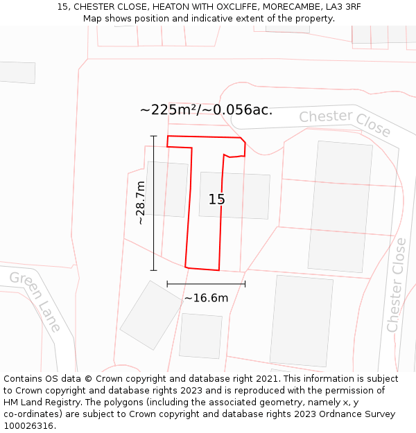 15, CHESTER CLOSE, HEATON WITH OXCLIFFE, MORECAMBE, LA3 3RF: Plot and title map