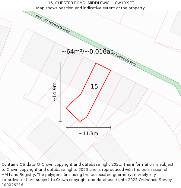 15, CHESTER ROAD, MIDDLEWICH, CW10 9ET: Plot and title map