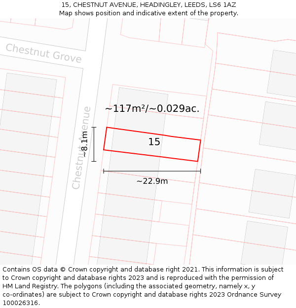 15, CHESTNUT AVENUE, HEADINGLEY, LEEDS, LS6 1AZ: Plot and title map
