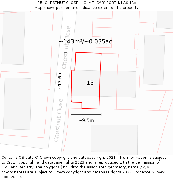 15, CHESTNUT CLOSE, HOLME, CARNFORTH, LA6 1RX: Plot and title map