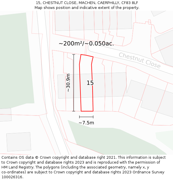 15, CHESTNUT CLOSE, MACHEN, CAERPHILLY, CF83 8LF: Plot and title map
