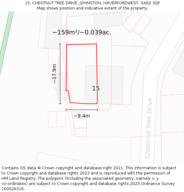 15, CHESTNUT TREE DRIVE, JOHNSTON, HAVERFORDWEST, SA62 3QF: Plot and title map