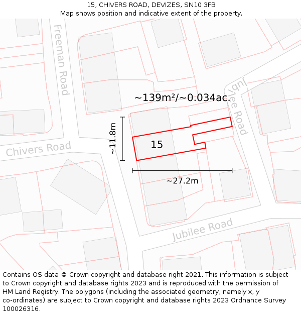 15, CHIVERS ROAD, DEVIZES, SN10 3FB: Plot and title map