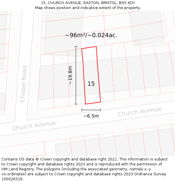 15, CHURCH AVENUE, EASTON, BRISTOL, BS5 6DY: Plot and title map