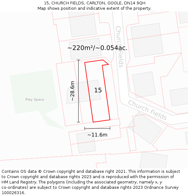 15, CHURCH FIELDS, CARLTON, GOOLE, DN14 9QH: Plot and title map