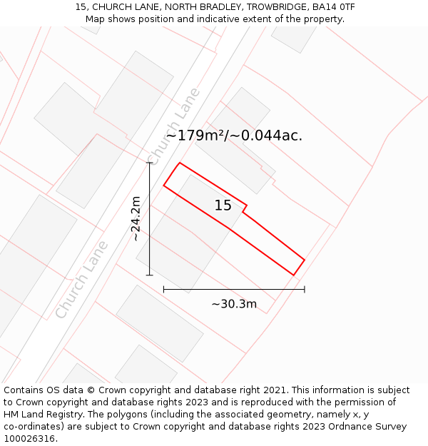 15, CHURCH LANE, NORTH BRADLEY, TROWBRIDGE, BA14 0TF: Plot and title map