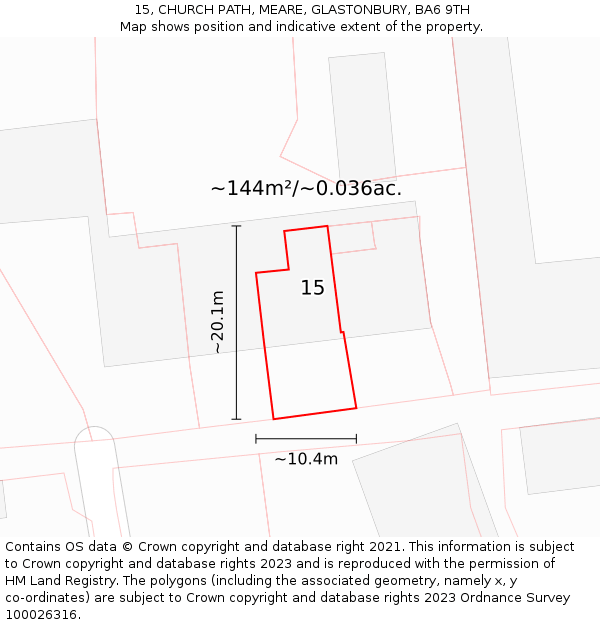 15, CHURCH PATH, MEARE, GLASTONBURY, BA6 9TH: Plot and title map