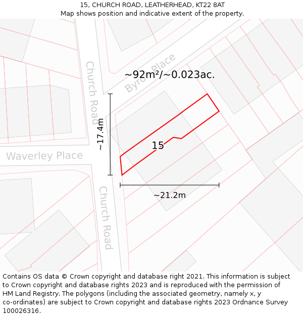 15, CHURCH ROAD, LEATHERHEAD, KT22 8AT: Plot and title map