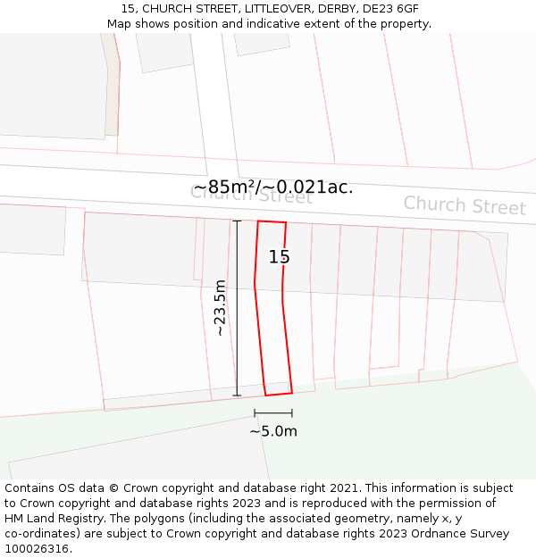 15, CHURCH STREET, LITTLEOVER, DERBY, DE23 6GF: Plot and title map