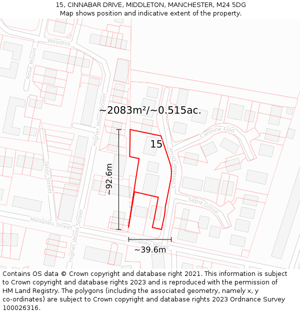 15, CINNABAR DRIVE, MIDDLETON, MANCHESTER, M24 5DG: Plot and title map