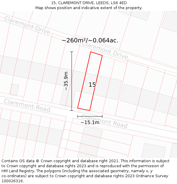 15, CLAREMONT DRIVE, LEEDS, LS6 4ED: Plot and title map