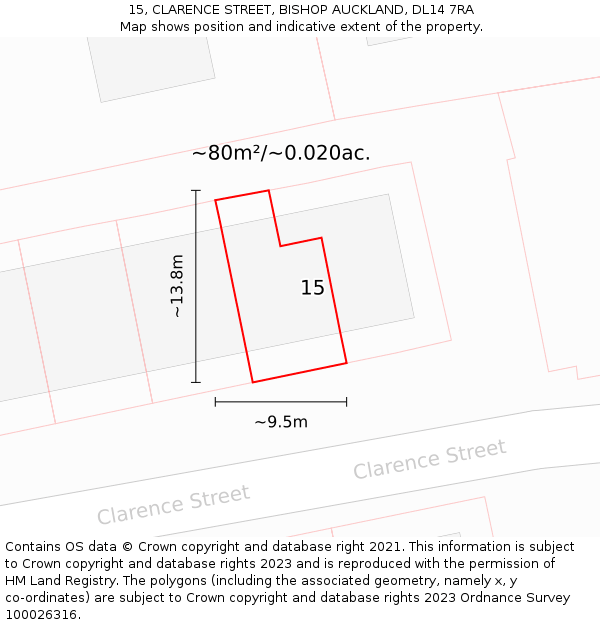 15, CLARENCE STREET, BISHOP AUCKLAND, DL14 7RA: Plot and title map
