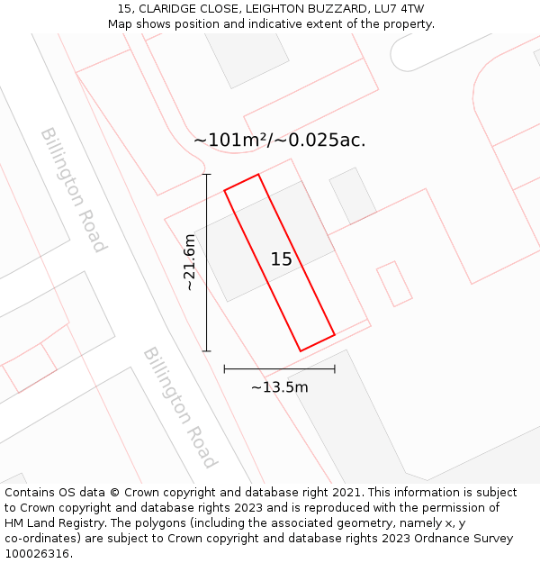 15, CLARIDGE CLOSE, LEIGHTON BUZZARD, LU7 4TW: Plot and title map
