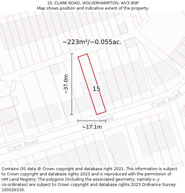 15, CLARK ROAD, WOLVERHAMPTON, WV3 9NP: Plot and title map