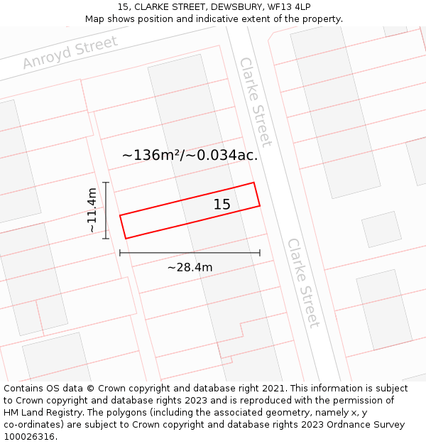 15, CLARKE STREET, DEWSBURY, WF13 4LP: Plot and title map