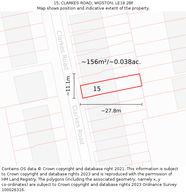15, CLARKES ROAD, WIGSTON, LE18 2BF: Plot and title map