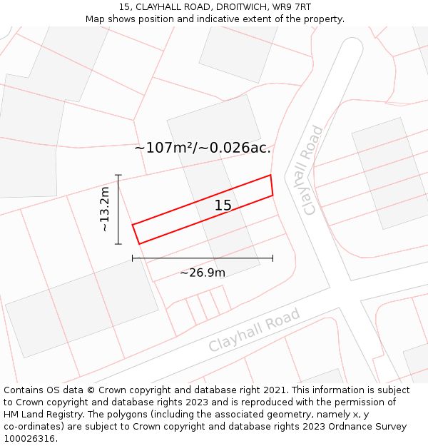 15, CLAYHALL ROAD, DROITWICH, WR9 7RT: Plot and title map