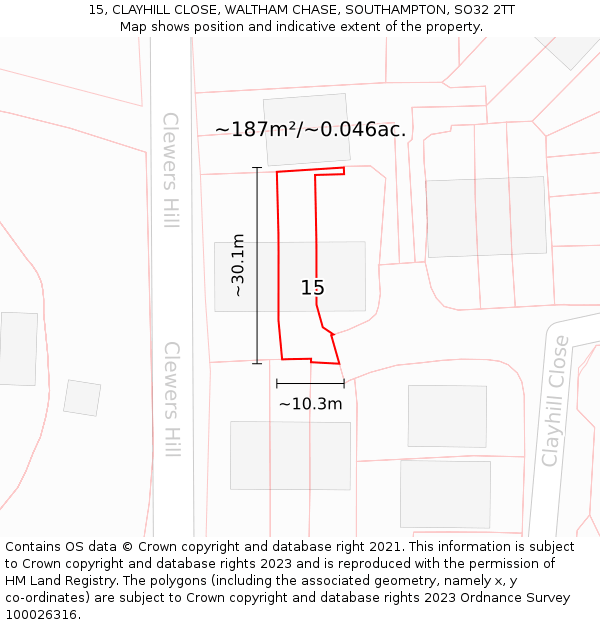 15, CLAYHILL CLOSE, WALTHAM CHASE, SOUTHAMPTON, SO32 2TT: Plot and title map