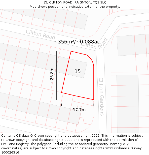 15, CLIFTON ROAD, PAIGNTON, TQ3 3LQ: Plot and title map