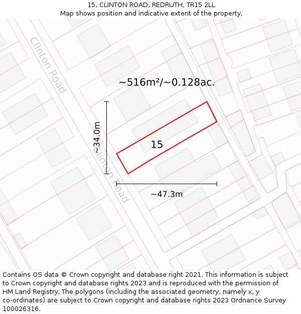 15, CLINTON ROAD, REDRUTH, TR15 2LL: Plot and title map