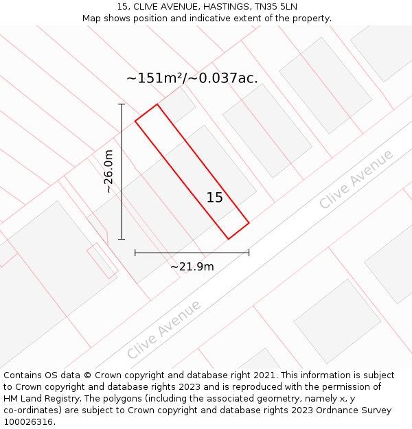 15, CLIVE AVENUE, HASTINGS, TN35 5LN: Plot and title map