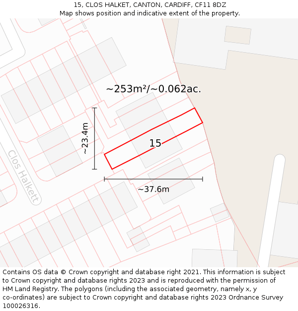 15, CLOS HALKET, CANTON, CARDIFF, CF11 8DZ: Plot and title map