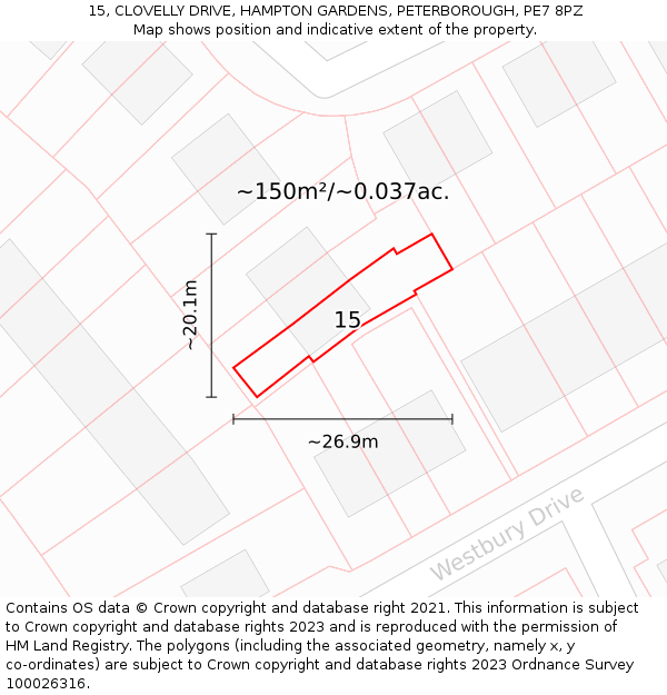 15, CLOVELLY DRIVE, HAMPTON GARDENS, PETERBOROUGH, PE7 8PZ: Plot and title map