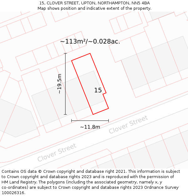 15, CLOVER STREET, UPTON, NORTHAMPTON, NN5 4BA: Plot and title map
