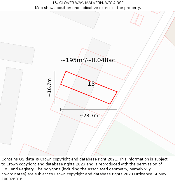 15, CLOVER WAY, MALVERN, WR14 3SF: Plot and title map