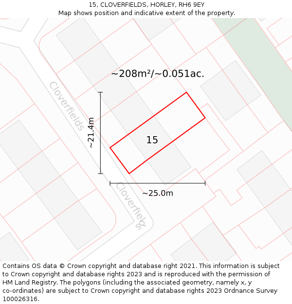 15, CLOVERFIELDS, HORLEY, RH6 9EY: Plot and title map