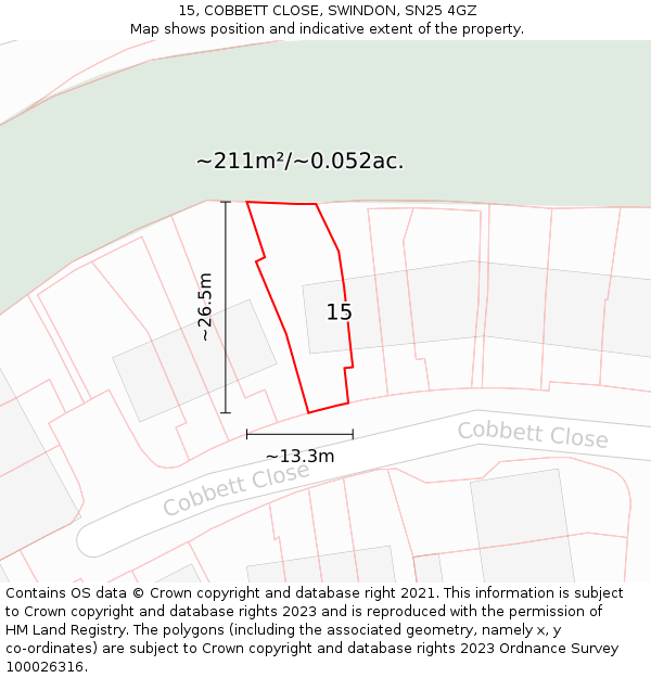 15, COBBETT CLOSE, SWINDON, SN25 4GZ: Plot and title map