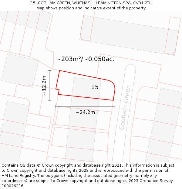 15, COBHAM GREEN, WHITNASH, LEAMINGTON SPA, CV31 2TH: Plot and title map