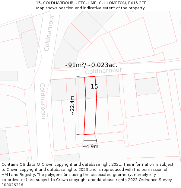 15, COLDHARBOUR, UFFCULME, CULLOMPTON, EX15 3EE: Plot and title map